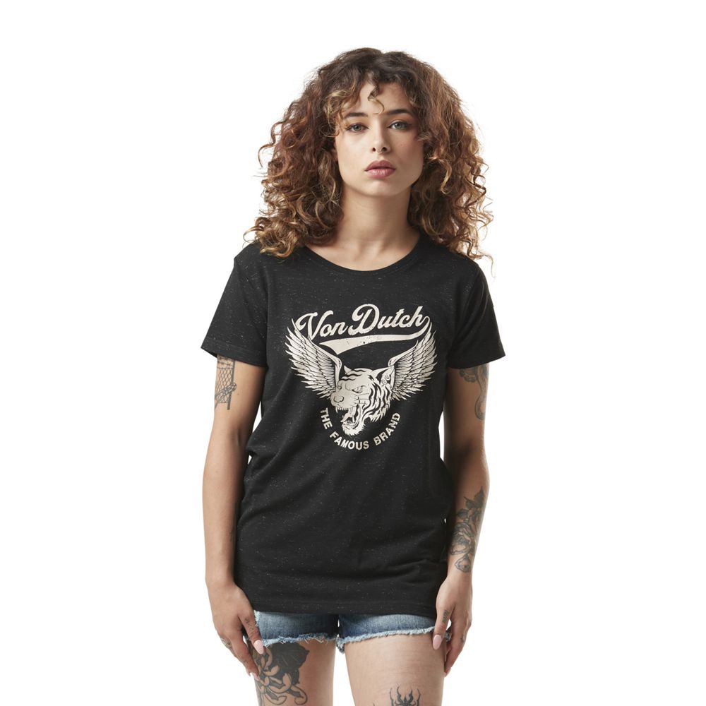 Von Dutch Famous Front Print Round Neck Women T-Shirt Black | US-RINQCH527