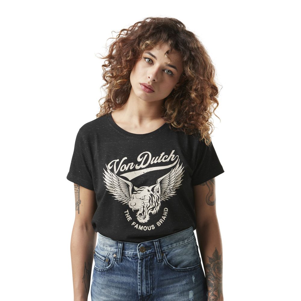 Von Dutch Famous Front Print Round Neck Women T-Shirt Black | US-RINQCH527