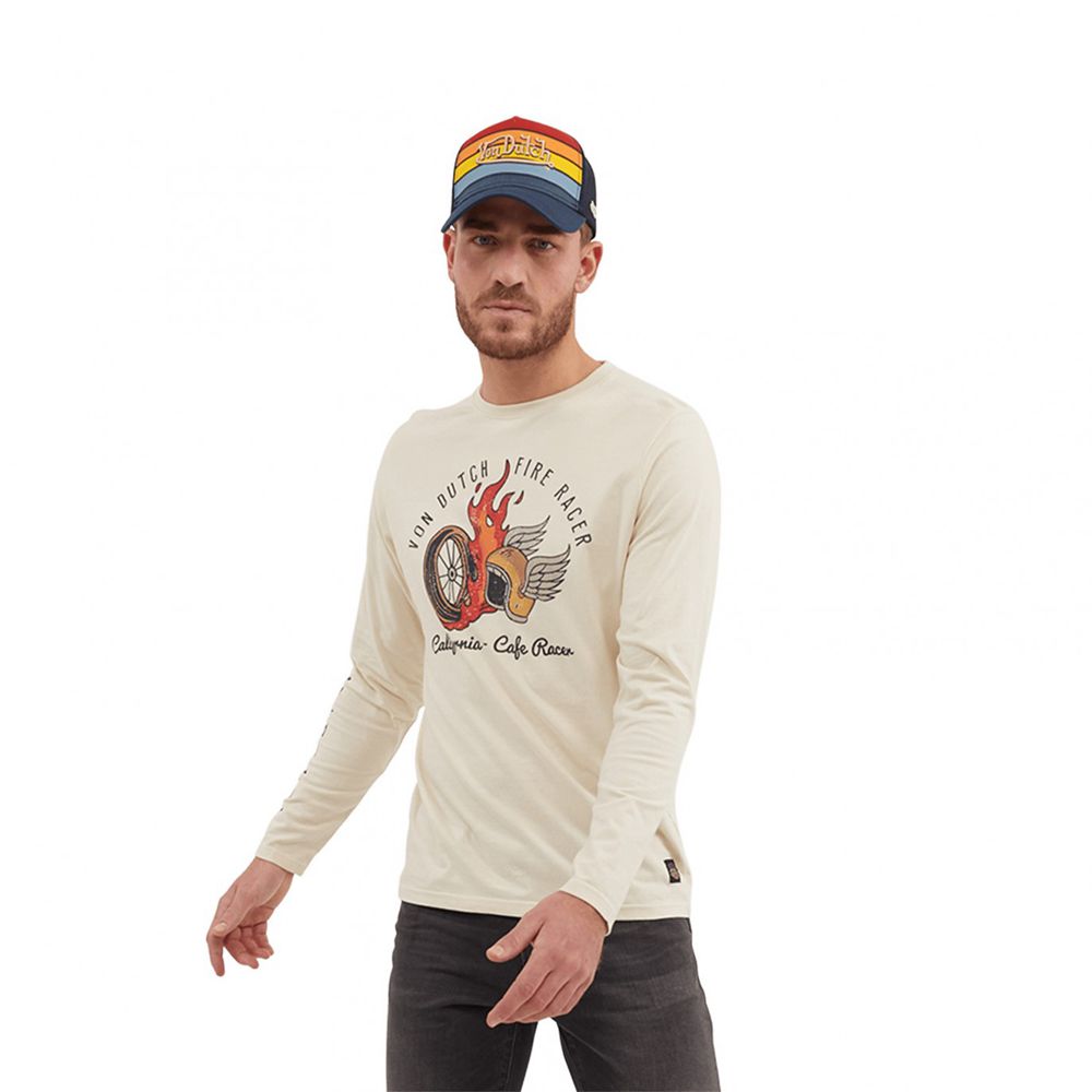 Von Dutch Fire Cotton Long Sleeve Men T-Shirt Beige / Red / Yellow | US-PCZMRV541