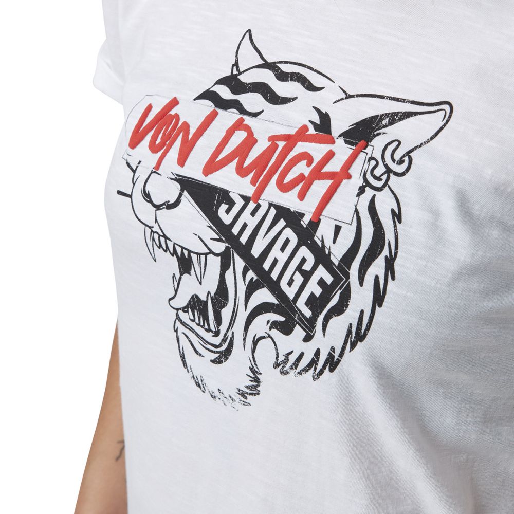 Von Dutch Flame Jersey Crossed In The Back With Savage Print Women T-Shirt White / Red / Black | US-JOHBUR193