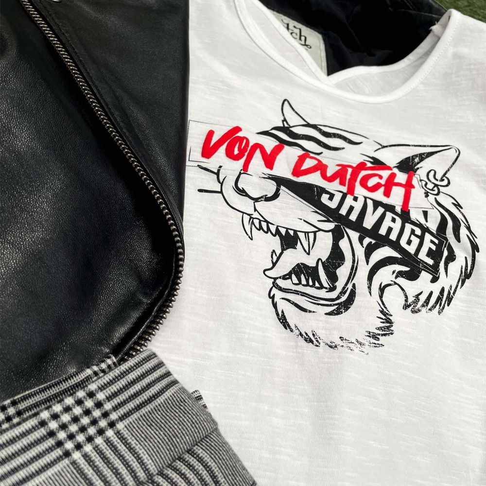 Von Dutch Flame Jersey Crossed In The Back With Savage Print Women T-Shirt White / Red / Black | US-JOHBUR193