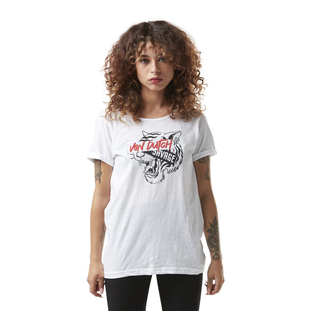 Von Dutch Flame Jersey Crossed In The Back With Savage Print Women T-Shirt White / Red / Black | US-JOHBUR193