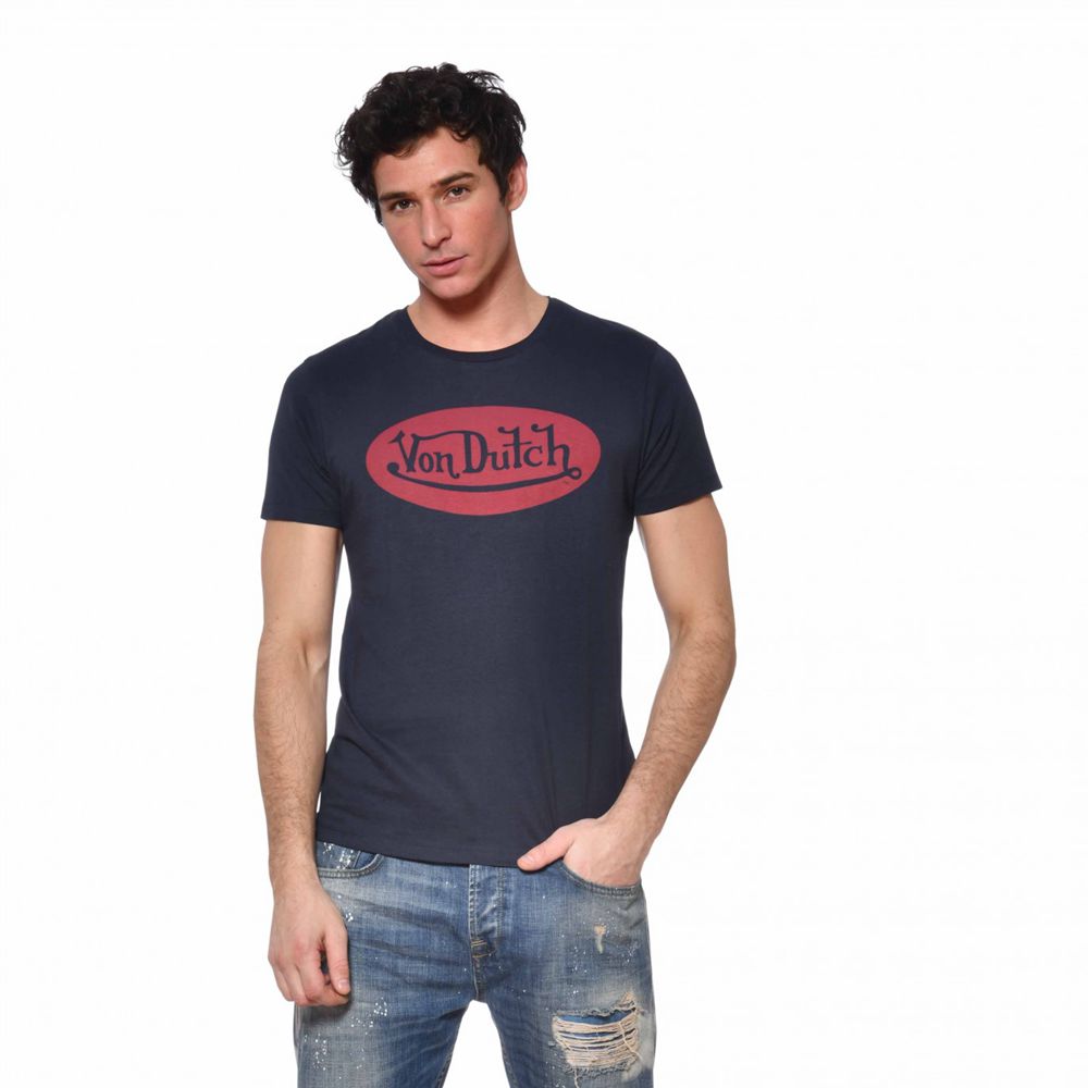 Von Dutch Front Cotton Men T-Shirt Blue | US-YNQDUJ463