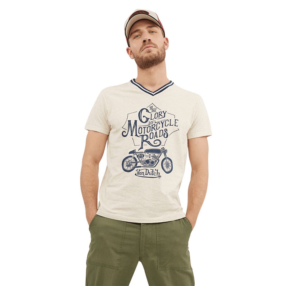 Von Dutch Glory Cotton V-Neck Men T-Shirt Beige / Blue | US-BVDUPN326