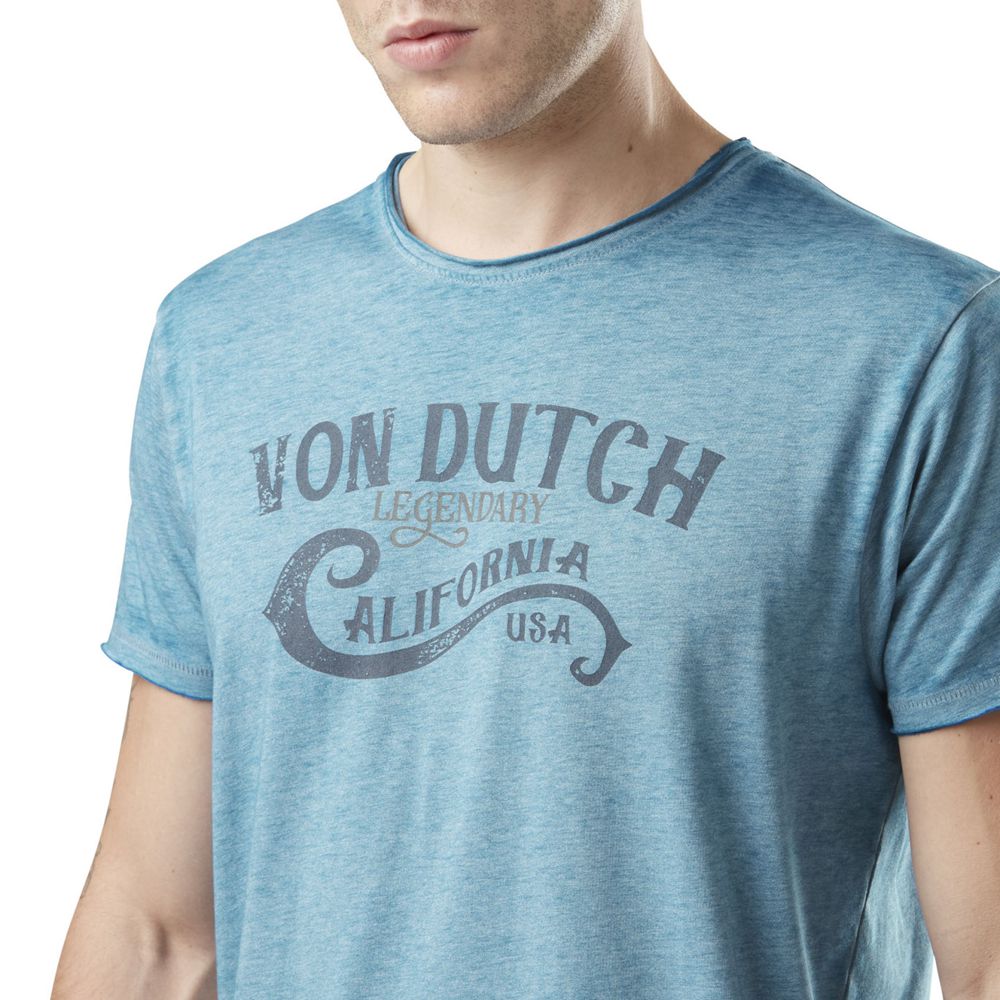 Von Dutch Heathered Round Neck With Front Print Calif Men T-Shirt Blue | US-XSMATN570