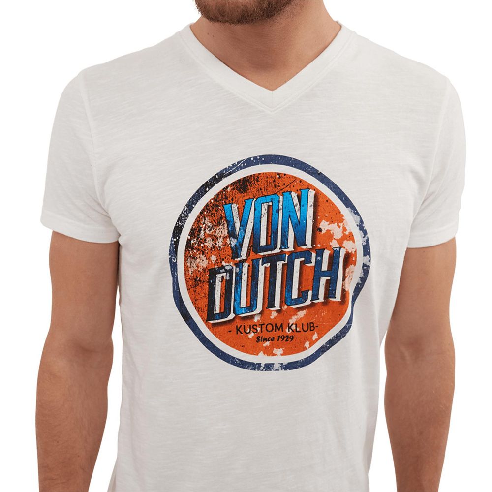 Von Dutch Hit Cotton V-Neck Men T-Shirt White / Orange / Blue | US-MXWCNE489