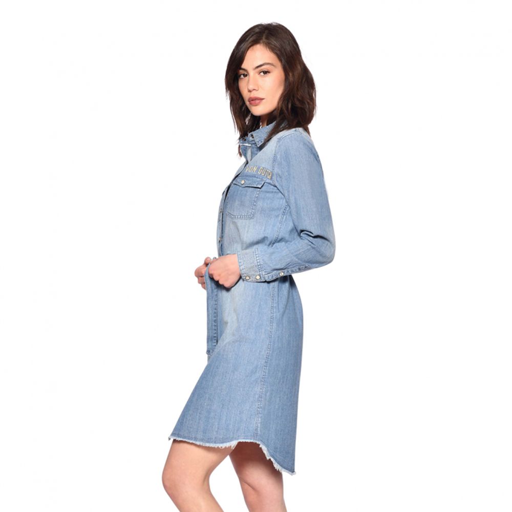 Von Dutch Jukebox Denim Cotton Long Sleeve Women Dress Blue | US-LPEYGA708