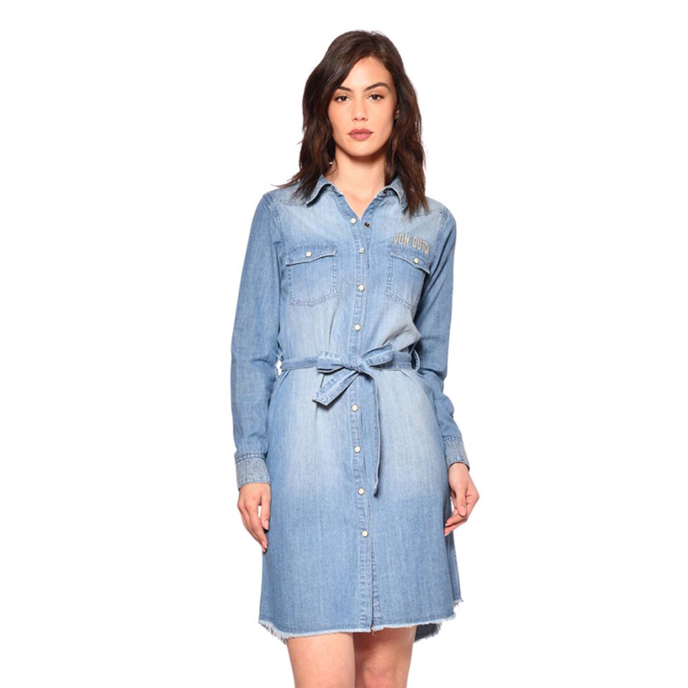 Von Dutch Jukebox Denim Cotton Long Sleeve Women Dress Blue | US-LPEYGA708