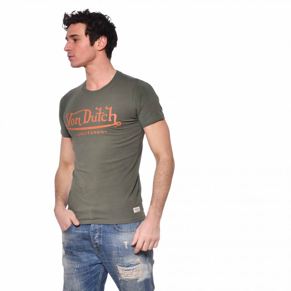 Von Dutch Life Slim Fit Men T-Shirt Green Khaki / Orange | US-VFDNQS087