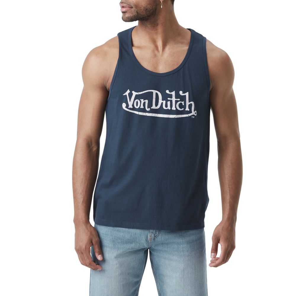 Von Dutch Logo On The Chest Base Men Tank Top Dark Blue / White | US-NSZLRH568