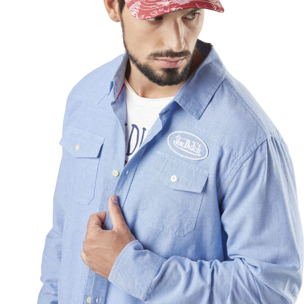 Von Dutch Long Sleeve Chambray Cotton Men Shirts Blue | US-FOHUWJ495