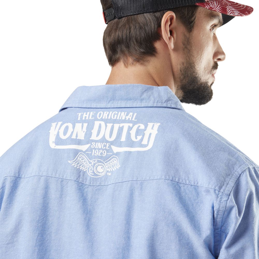 Von Dutch Long Sleeve Chambray Cotton Men Shirts Blue | US-FOHUWJ495