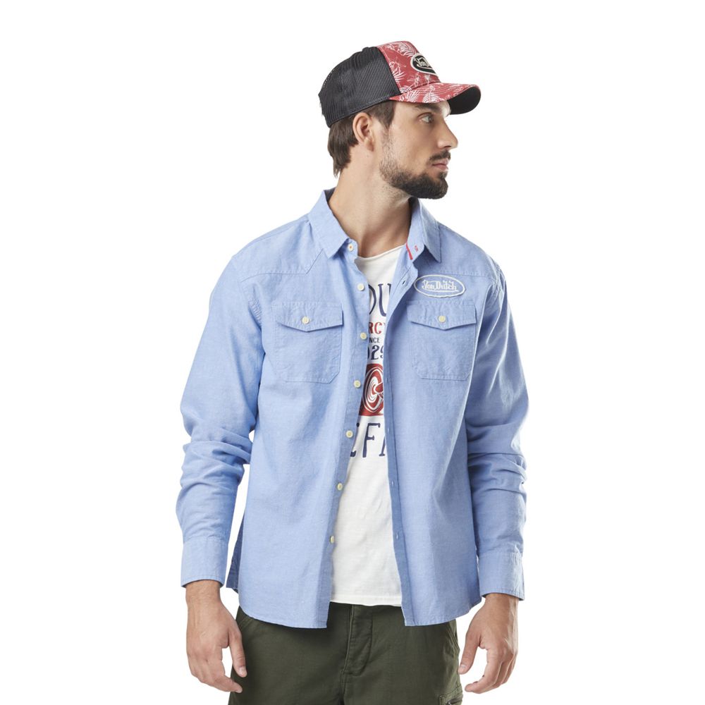 Von Dutch Long Sleeve Chambray Cotton Men Shirts Blue | US-FOHUWJ495