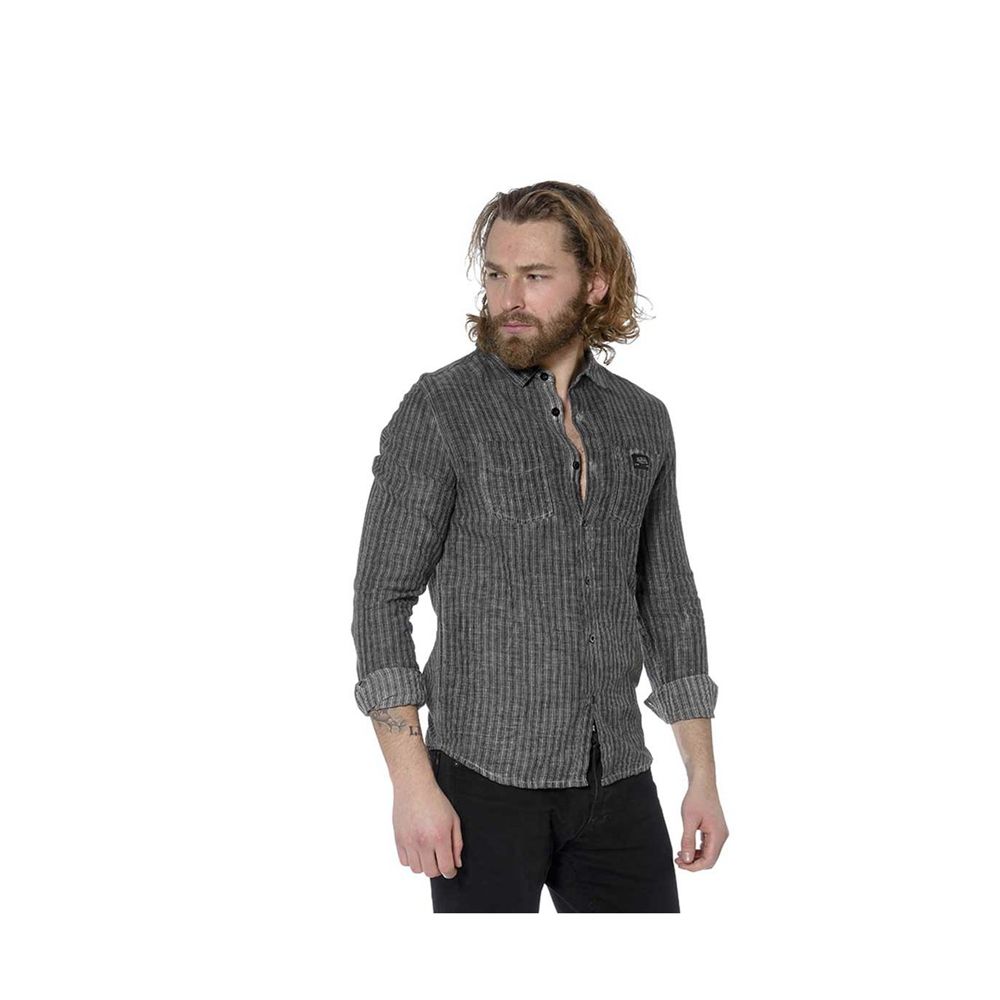 Von Dutch Long Sleeve Linen With Stripes Tom Men Shirts Grey | US-ZJQILV096