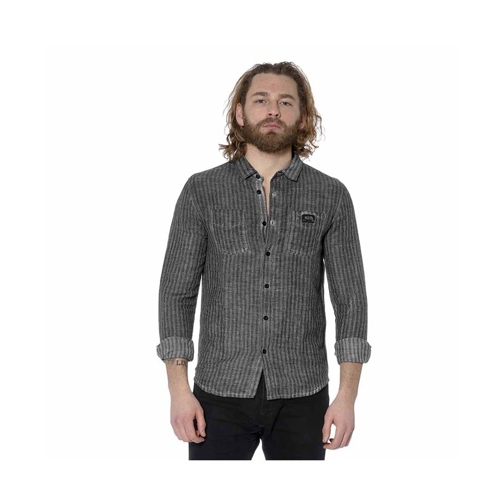 Von Dutch Long Sleeve Linen With Stripes Tom Men Shirts Grey | US-ZJQILV096