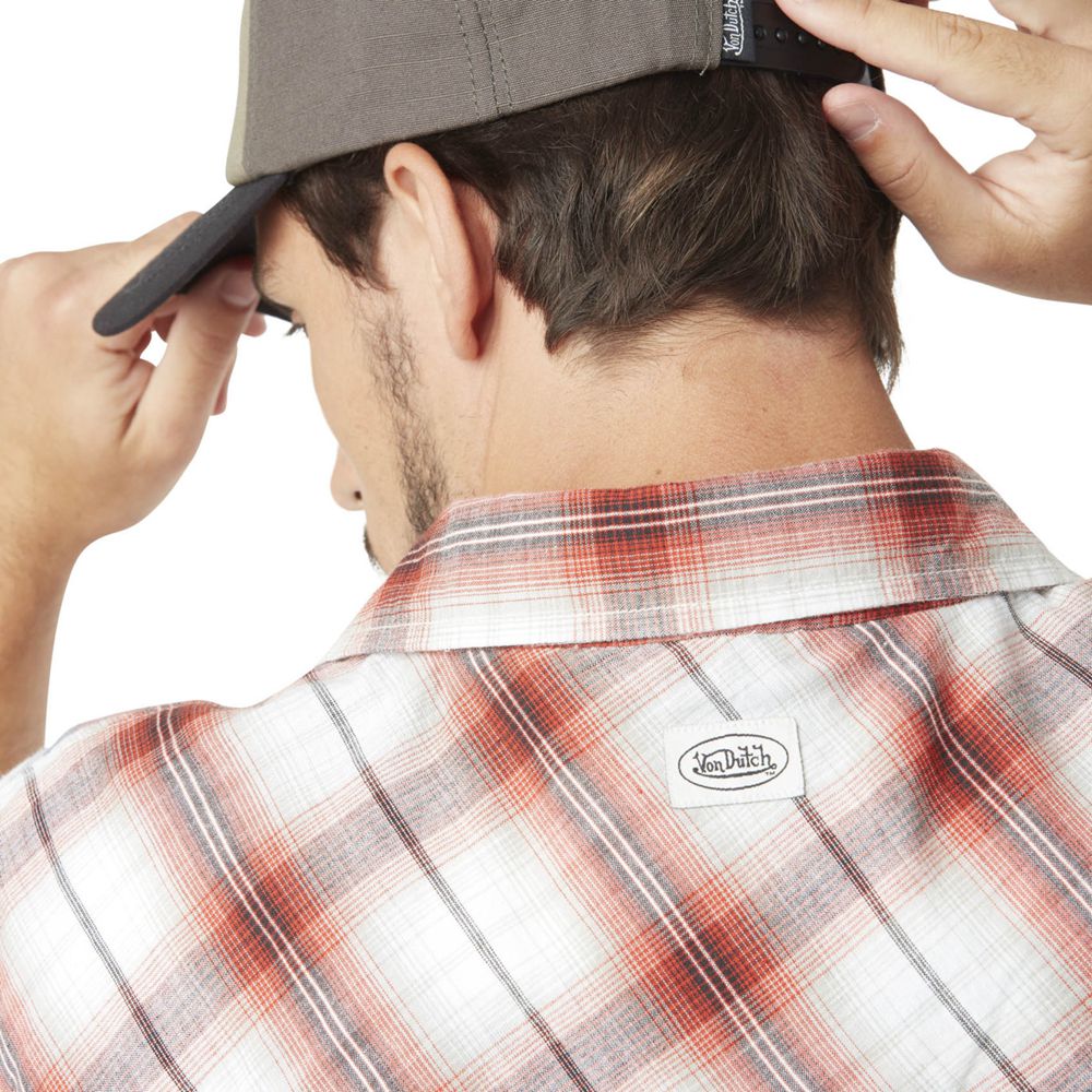 Von Dutch Long Sleeve Plaid With Check Cotton Pocket Men Shirts Red / White / Blue | US-IPCUOR512