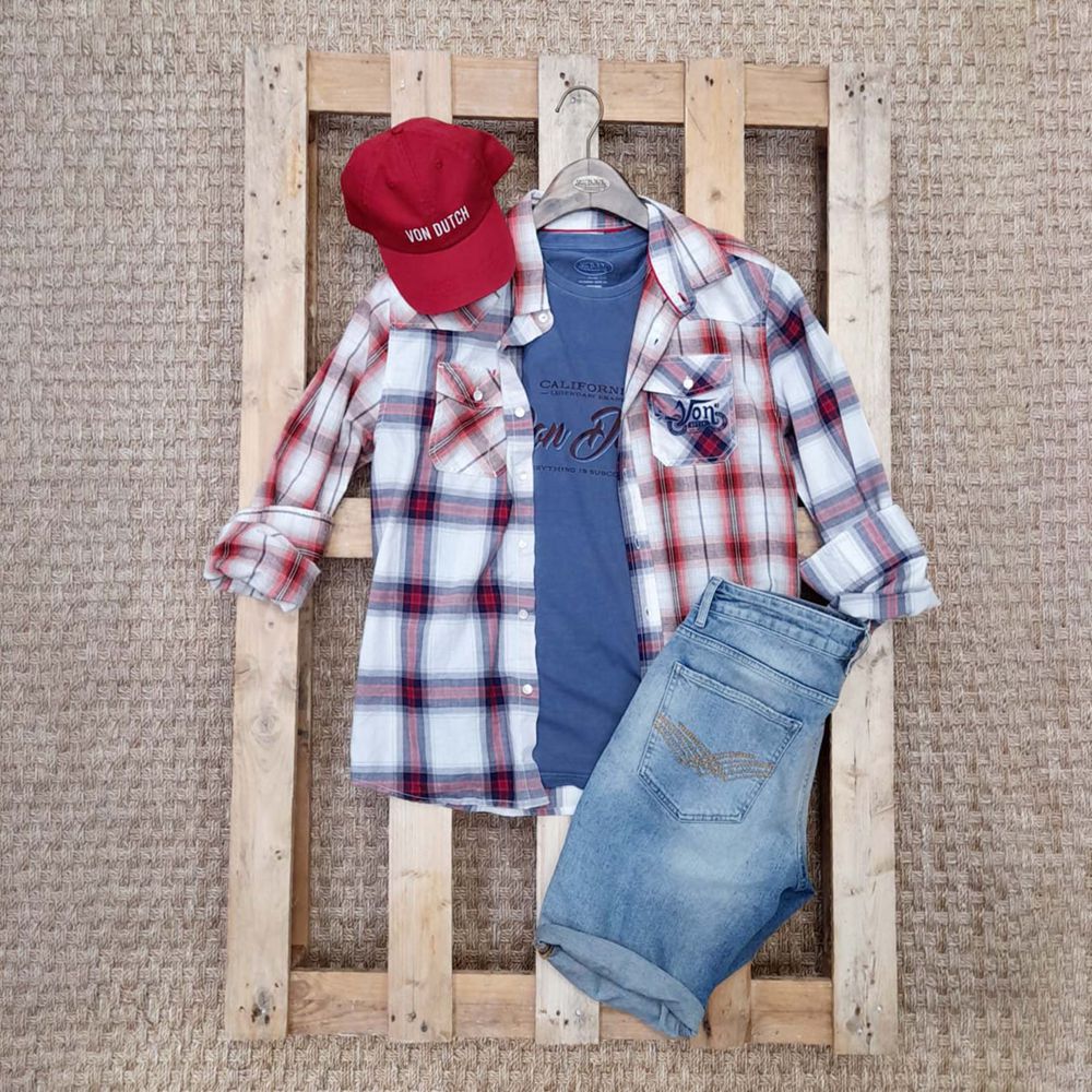 Von Dutch Long Sleeve Plaid With Check Cotton Pocket Men Shirts Red / White / Blue | US-IPCUOR512