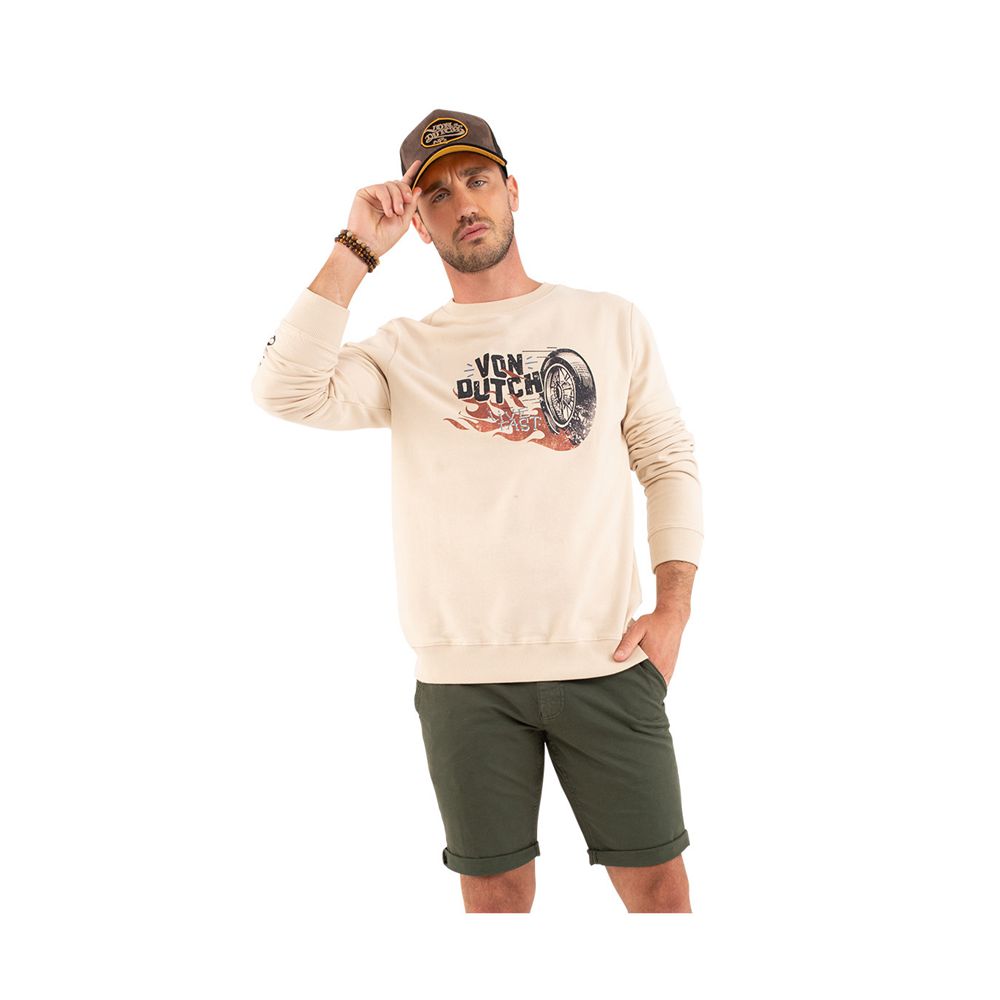 Von Dutch Long Sleeve Round Neck With Front Bang Print Men Sweatshirt Beige / Black | US-ELHOGS162