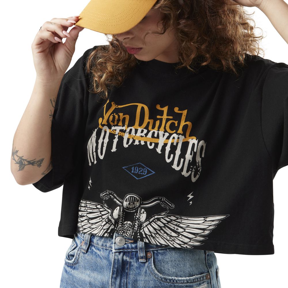 Von Dutch Loose Print Front In Cotton Will Women Crop Top Black | US-VQPXAO130