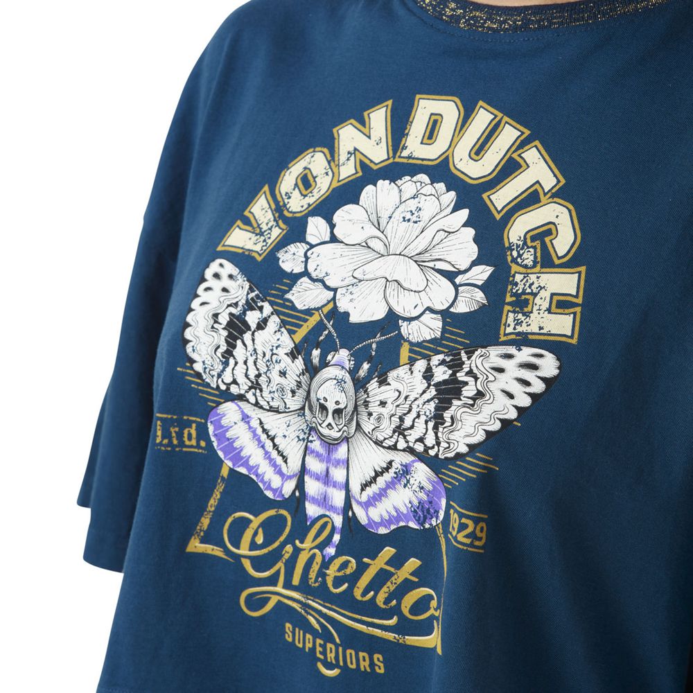 Von Dutch Loose With Contrast Collar And Front Print In Bu Cotton Women Crop Top Navy | US-RFTWEU281