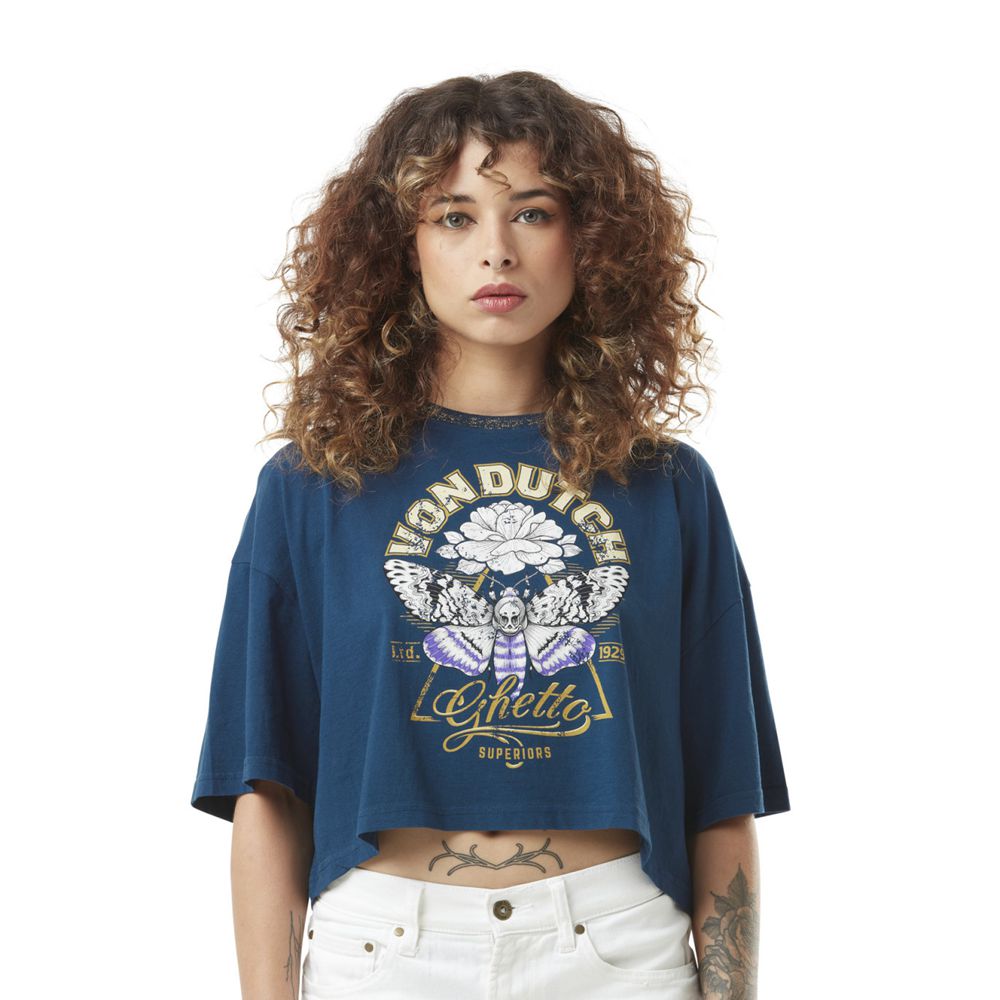 Von Dutch Loose With Contrast Collar And Front Print In Bu Cotton Women Crop Top Navy | US-RFTWEU281