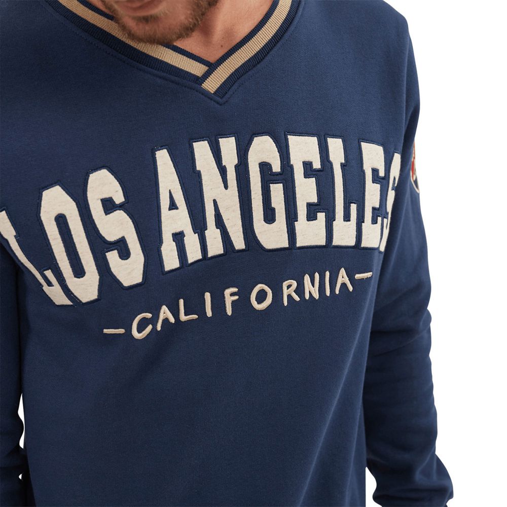 Von Dutch Los V-Neck Men Sweatshirt Blue / White | US-ZAQOPR384