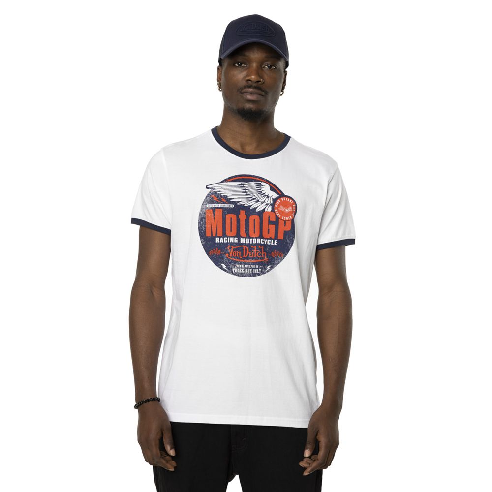 Von Dutch Moto Gp X Round Neck Men T-Shirt White / Blue / Orange | US-NBOUQW425