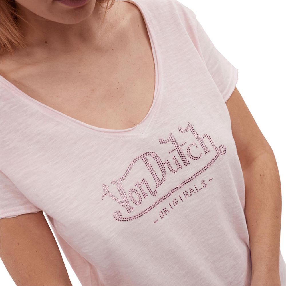 Von Dutch Oasis Cotton V-neck With Rhinestones Women T-Shirt Rose | US-IPYMUL714