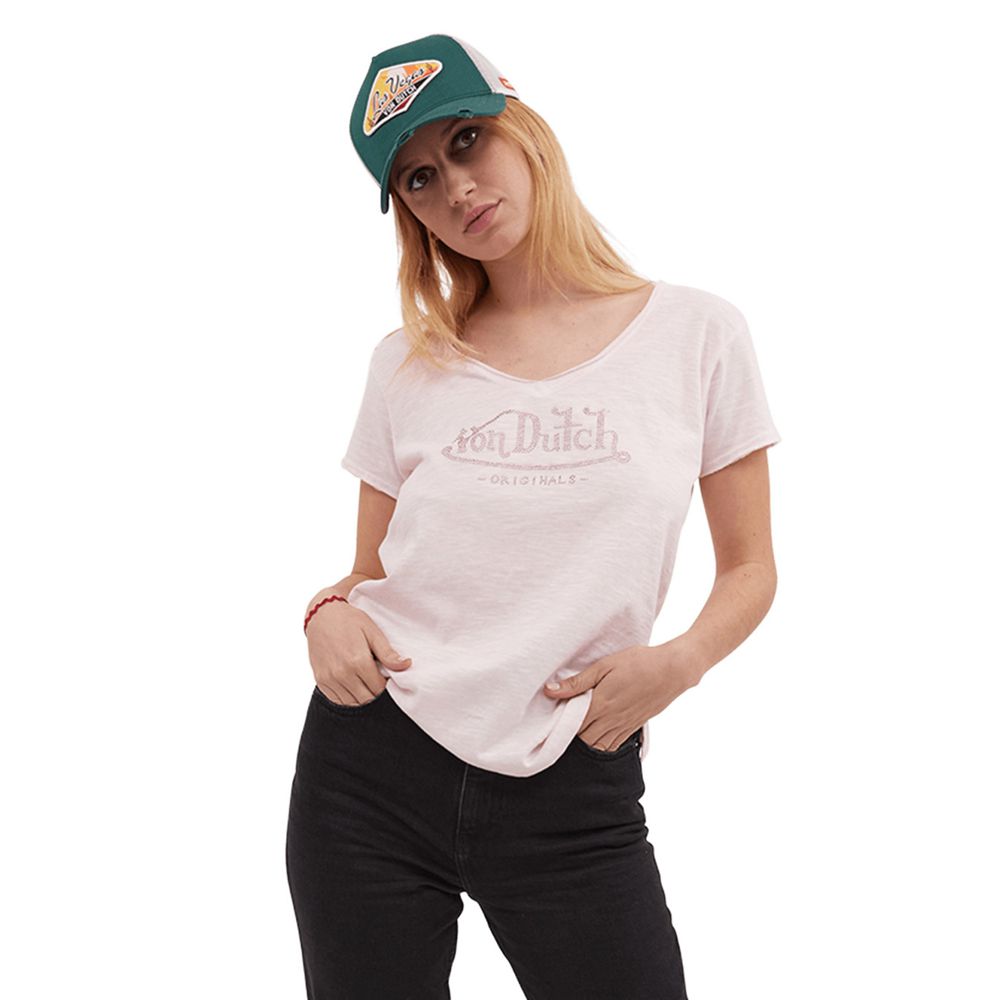 Von Dutch Oasis Cotton V-neck With Rhinestones Women T-Shirt Rose | US-IPYMUL714