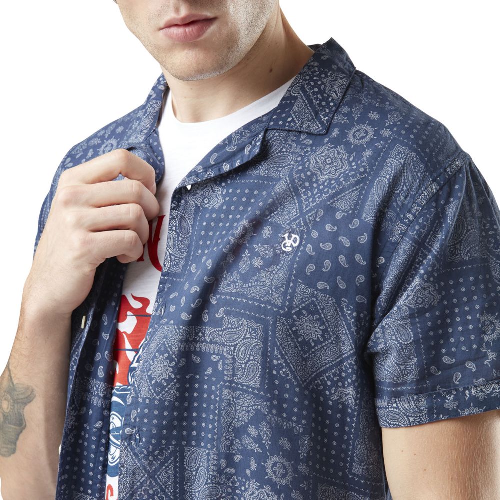 Von Dutch Paisley Pique Cotton Men Shirts Navy | US-BEAWGI412