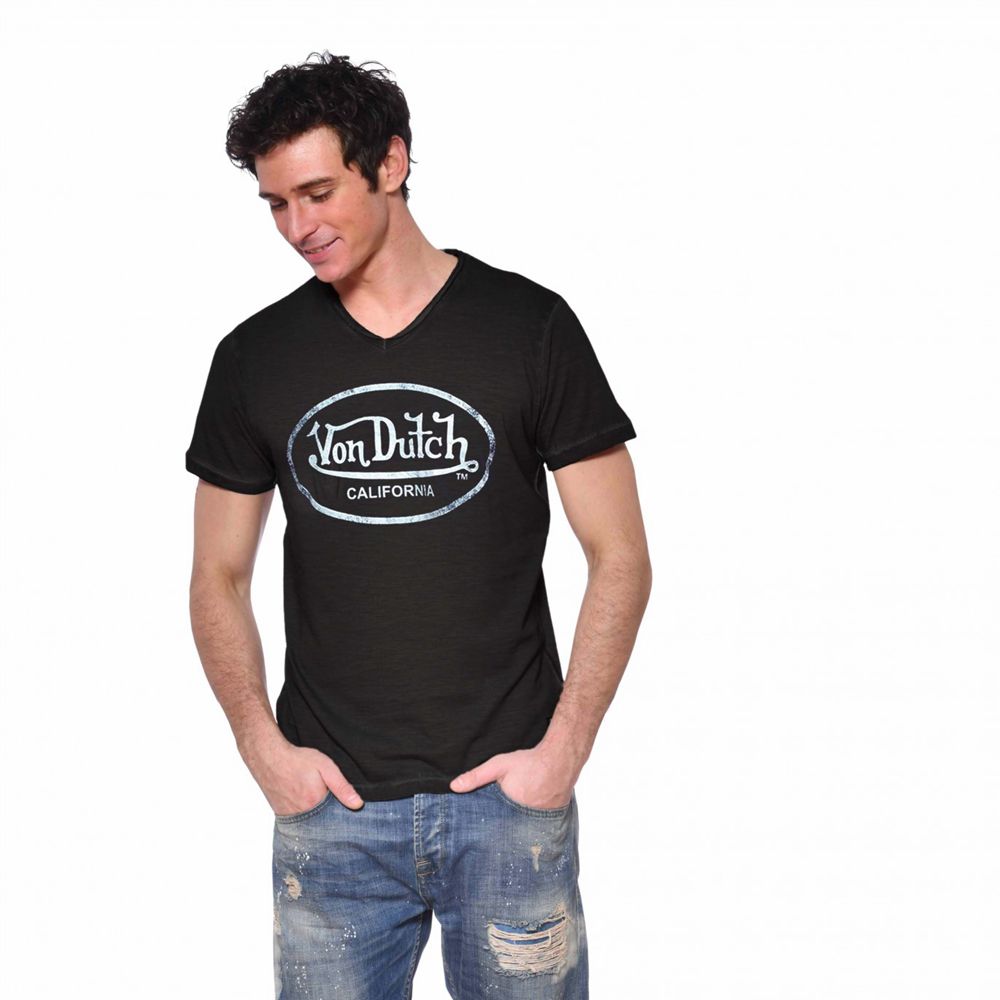 Von Dutch Ron Slim Fit V-Neck Men T-Shirt Black / Grey | US-BEMQVU539