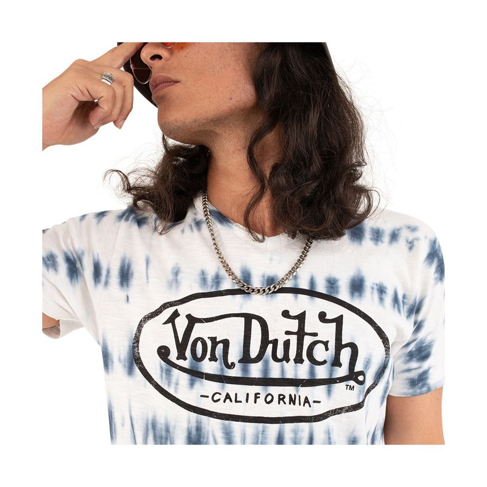 Von Dutch Ron Striped Tie-And-Die V-Neck In Cotton Men T-Shirt White / Blue | US-TDWOYX760