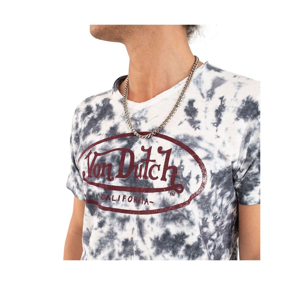 Von Dutch Ron Tie-And-Die V-Neck Cotton Men T-Shirt Grey / White | US-PMLKCB416