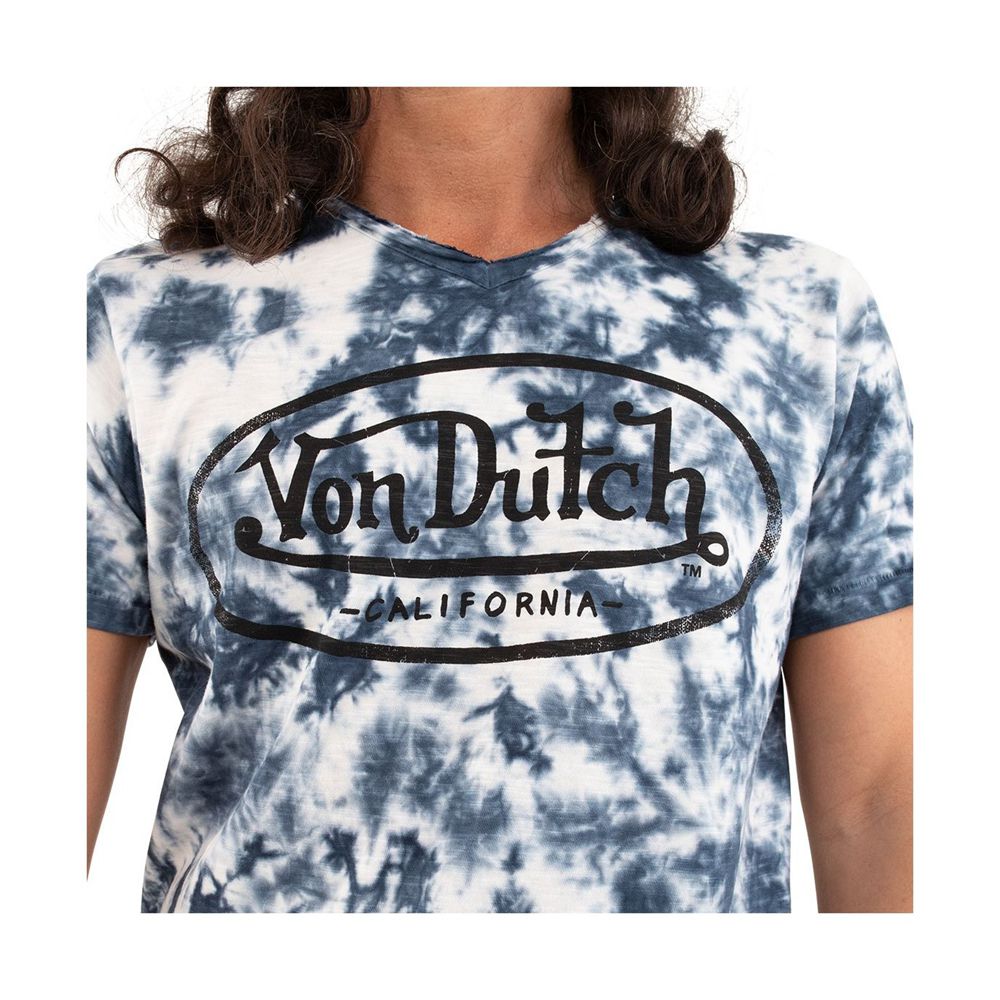 Von Dutch Ron Tie-And-Die V-Neck Cotton Men T-Shirt Blue / White | US-WIZPNM249