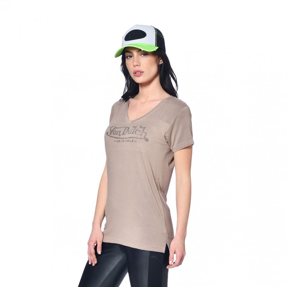 Von Dutch Roon V-Neck Women T-Shirt Brown | US-SLXRFW476