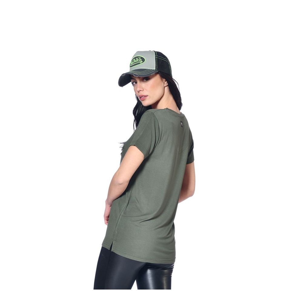 Von Dutch Roon V-Neck Women T-Shirt Khaki | US-ZWGSBK698