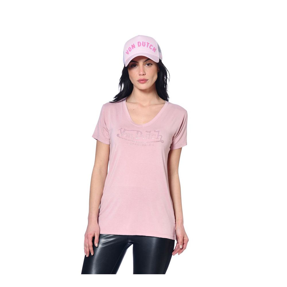 Von Dutch Roon V-Neck Women T-Shirt Rose | US-IBMGRL269