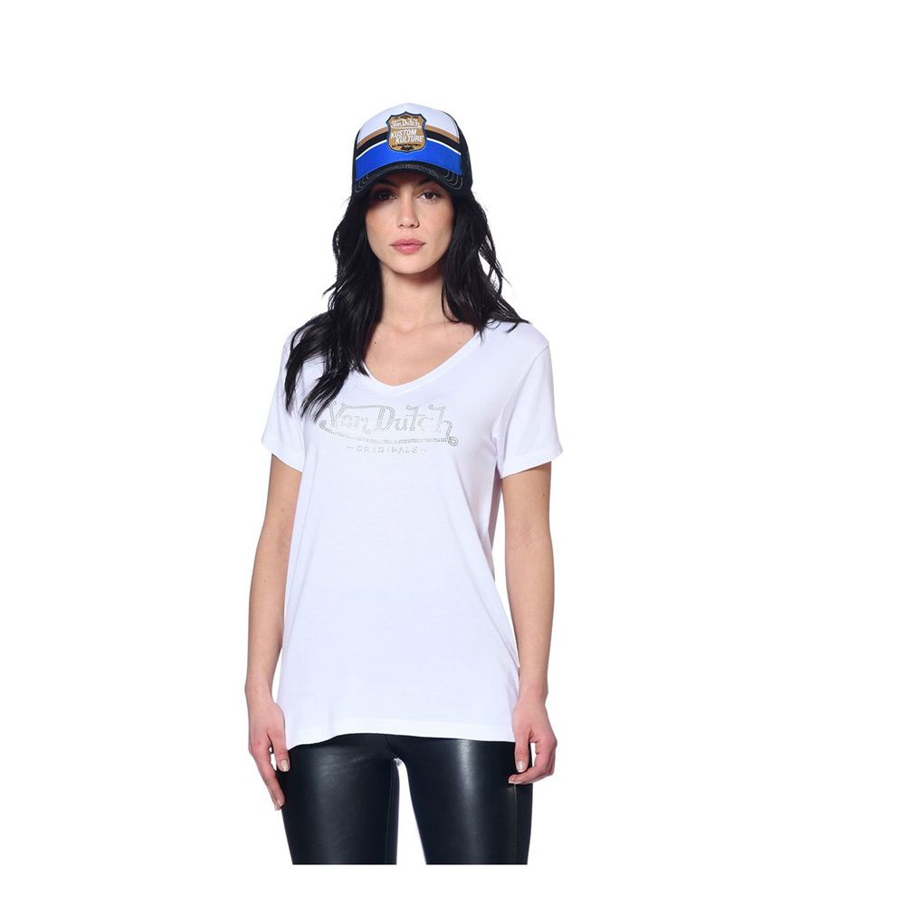 Von Dutch Roon V-Neck Women T-Shirt White | US-DGXWIA985