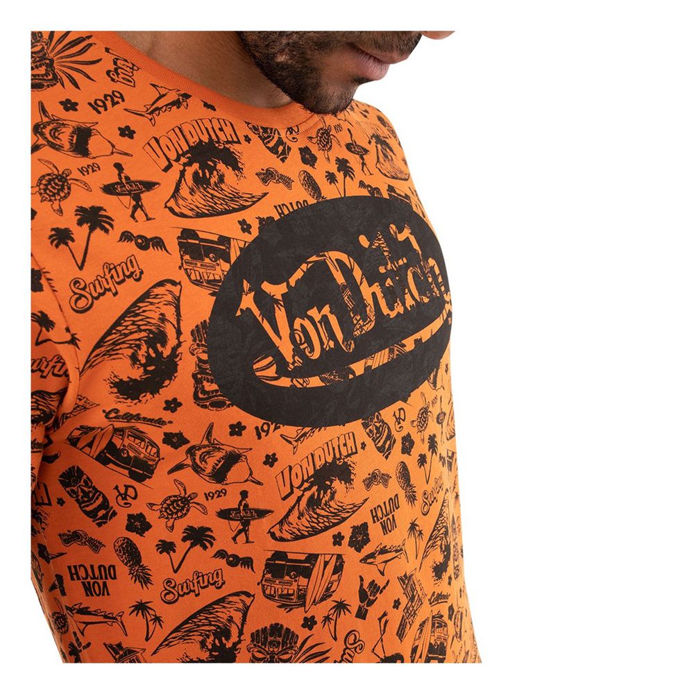 Von Dutch Round Neck Cotton Front Men T-Shirt Orange / Black | US-NHFDJC291