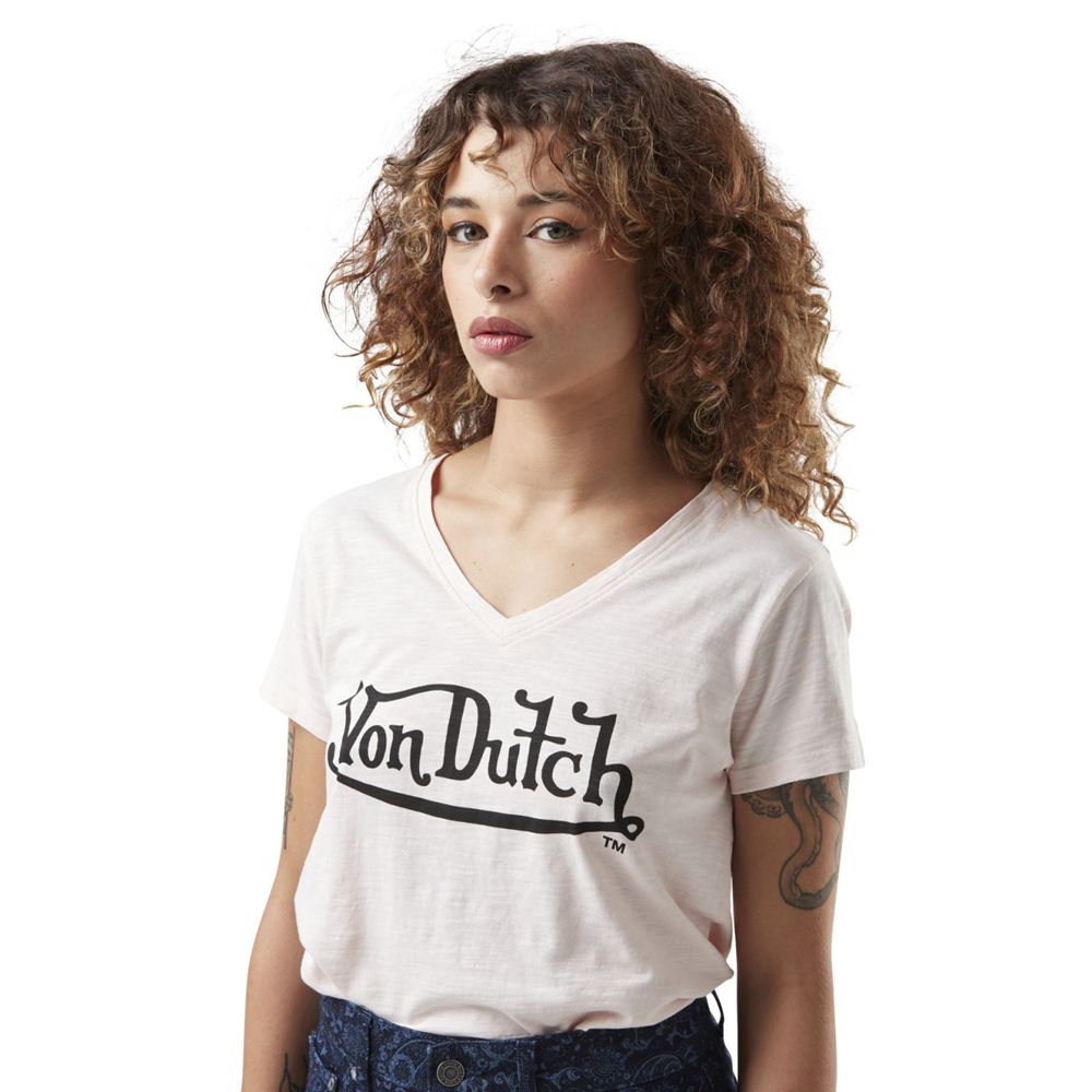 Von Dutch Round Neck In Slub Cotton With Slub Front Print Women T-Shirt Rose / Black | US-ZWRJPB215