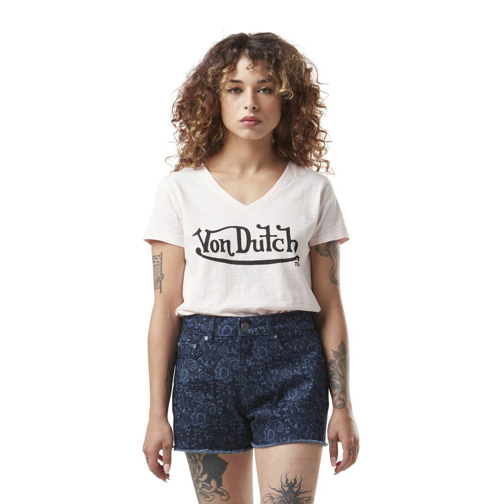 Von Dutch Round Neck In Slub Cotton With Slub Front Print Women T-Shirt Rose / Black | US-ZWRJPB215