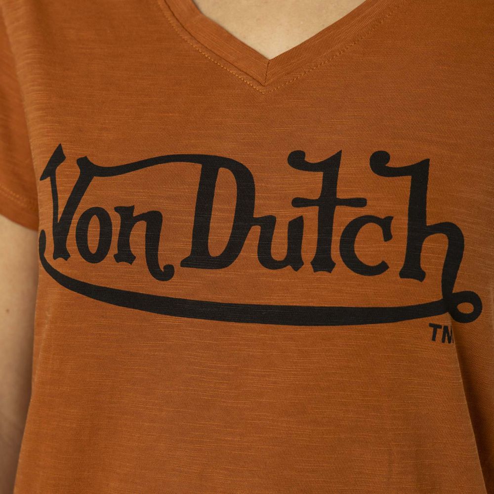 Von Dutch Round Neck In Slub Cotton With Slub Front Print Women T-Shirt Brown / Black | US-WAJEPY081