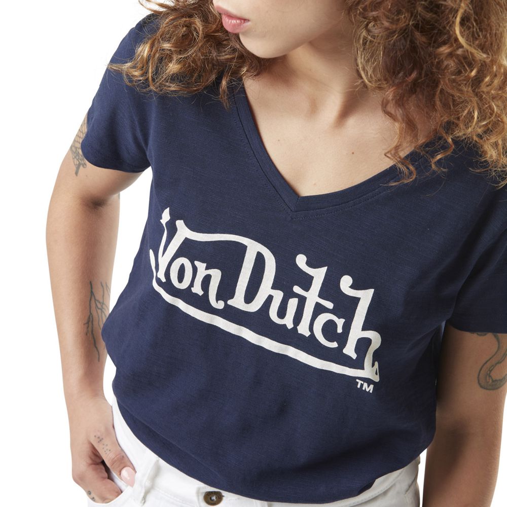 Von Dutch Round Neck In Slub Cotton With Slub Front Print Women T-Shirt Navy / White | US-HTWZPO910