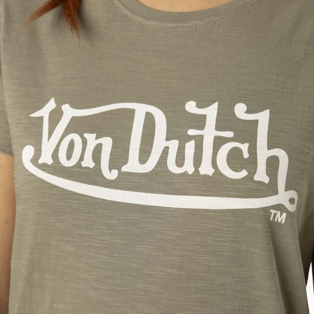 Von Dutch Round Neck In Slub Cotton With Slub Front Print Women T-Shirt Khaki / White | US-YNTSGF382