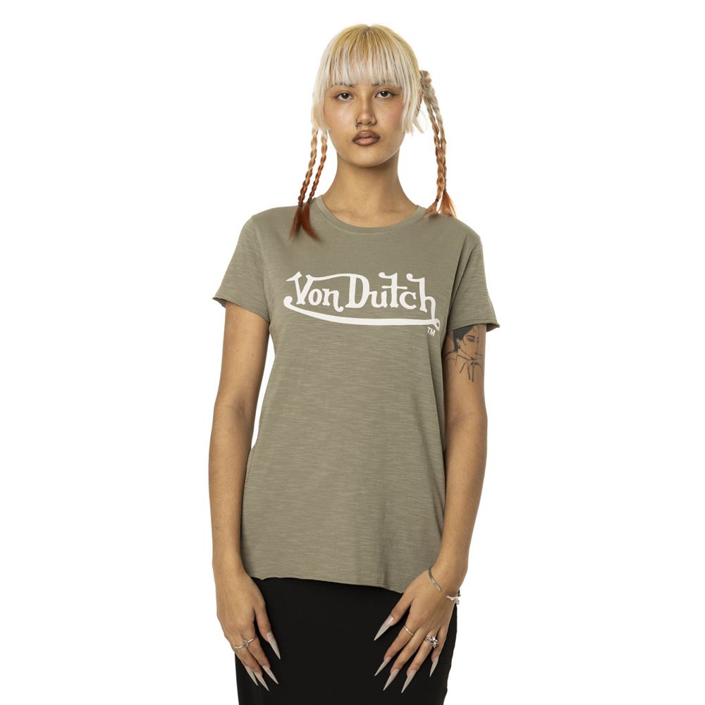 Von Dutch Round Neck In Slub Cotton With Slub Front Print Women T-Shirt Khaki / White | US-YNTSGF382