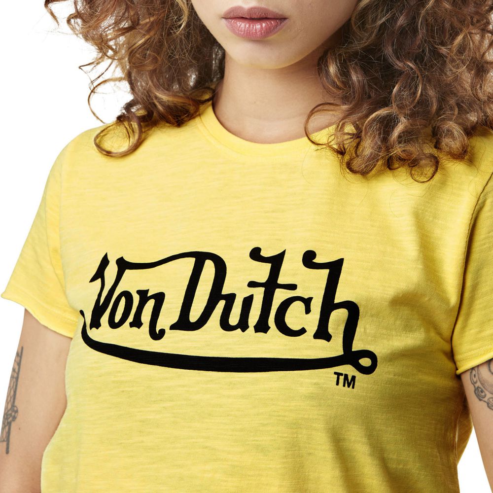 Von Dutch Round Neck In Slub Cotton With Slub Front Print Women T-Shirt Yellow / Black | US-YVMFKU129