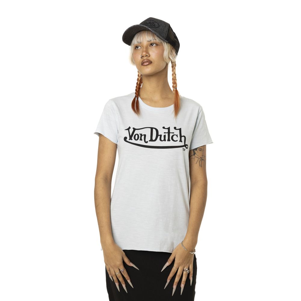 Von Dutch Round Neck In Slub Cotton With Slub Front Print Women T-Shirt Blue / Black | US-XGAPIB435