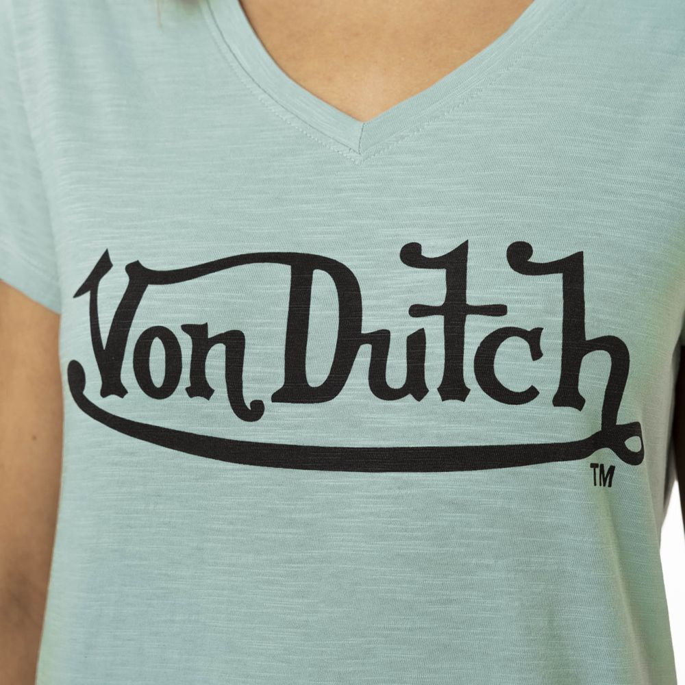 Von Dutch Round Neck In Slub Cotton With Slub Front Print Women T-Shirt Blue Turquoise | US-RNEVBW867