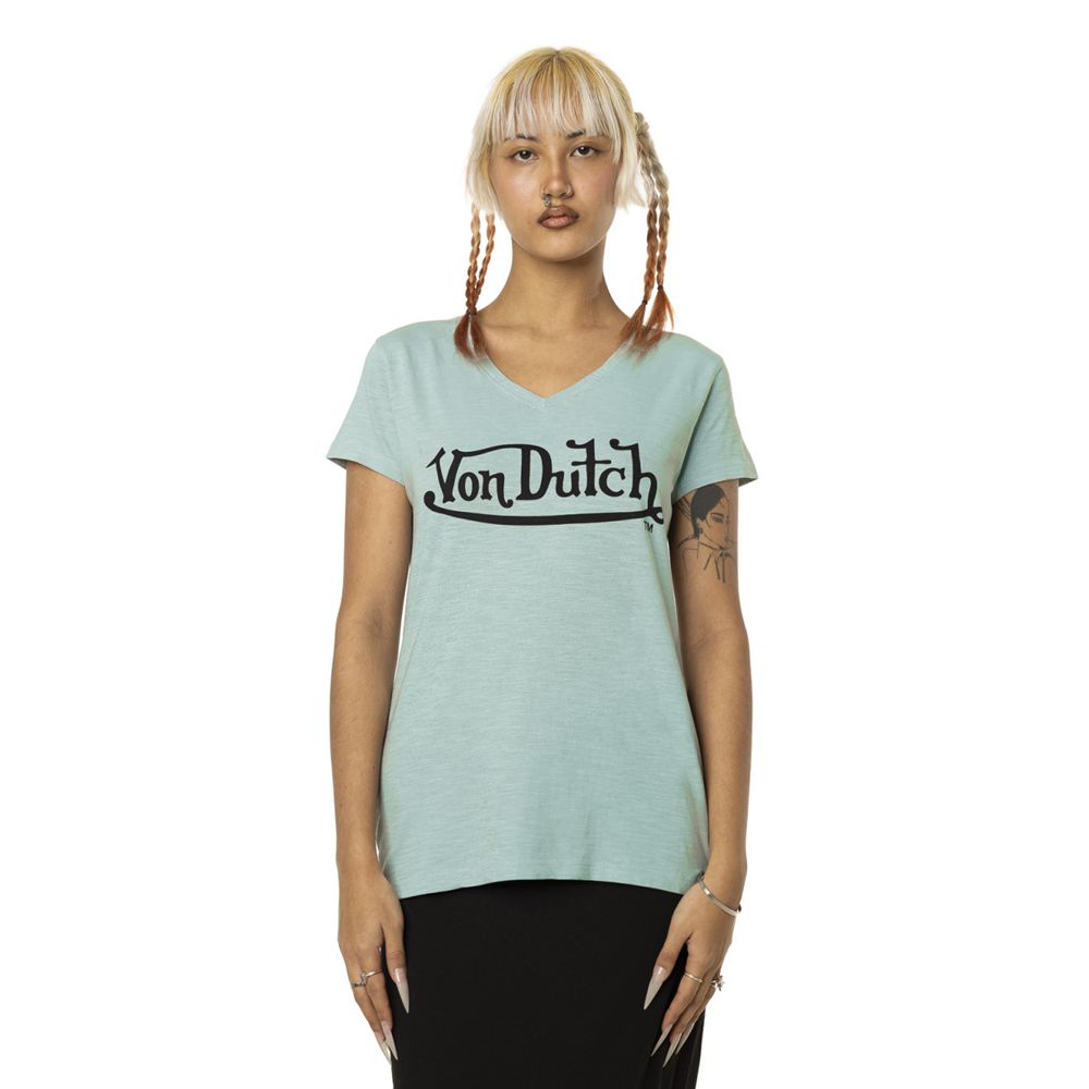 Von Dutch Round Neck In Slub Cotton With Slub Front Print Women T-Shirt Blue Turquoise | US-RNEVBW867