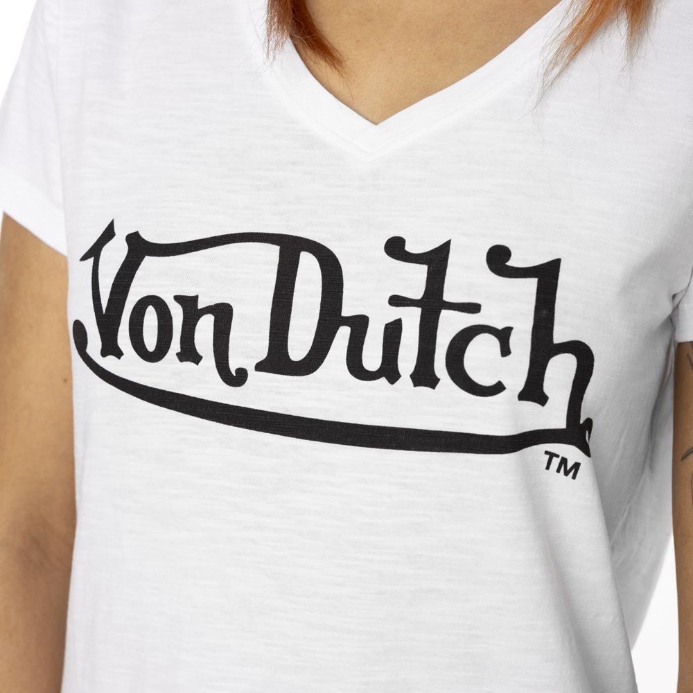 Von Dutch Round Neck In Slub Cotton With Slub Front Print Women T-Shirt White / Black | US-JDXPZA697